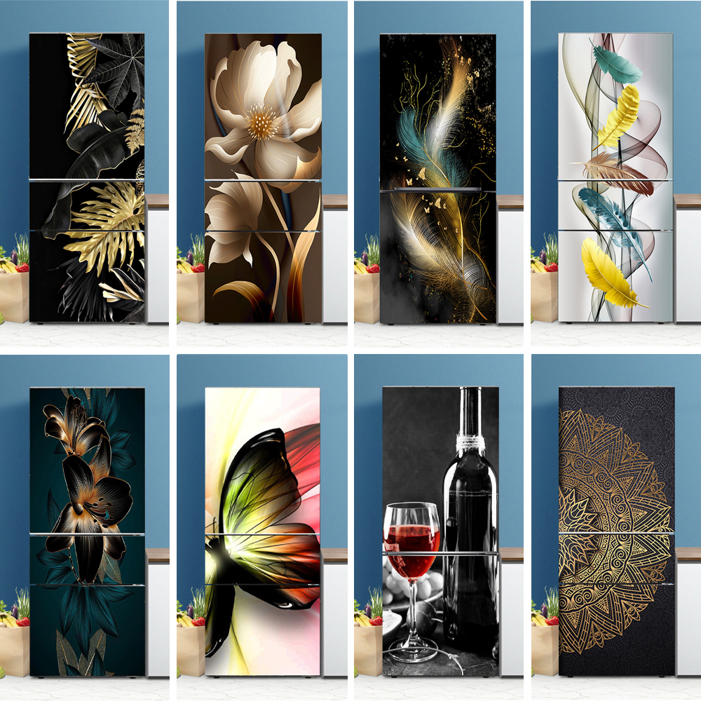 Wine Beer Cooler - Black Gold Plants Leaf Fridge Mural