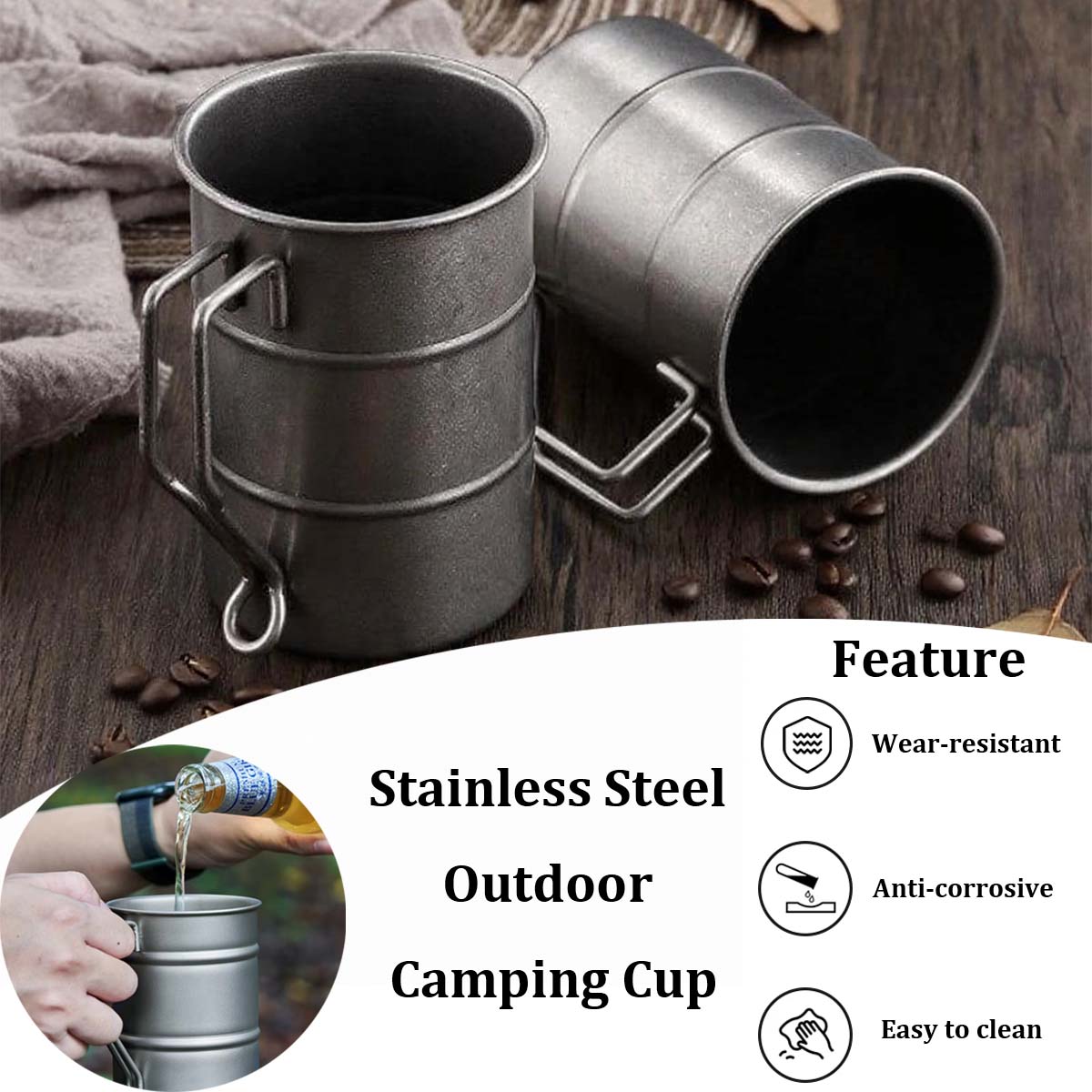 Beer Mug Handled - Stainless Steel Outdoor Camping Cup Retro
